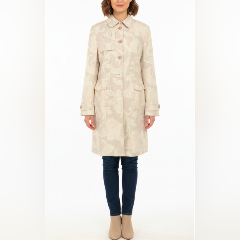 💎 Elie Tahari Ivory Pastel Jacquard Floral Trench Coast Size Medium-Flawed Gem